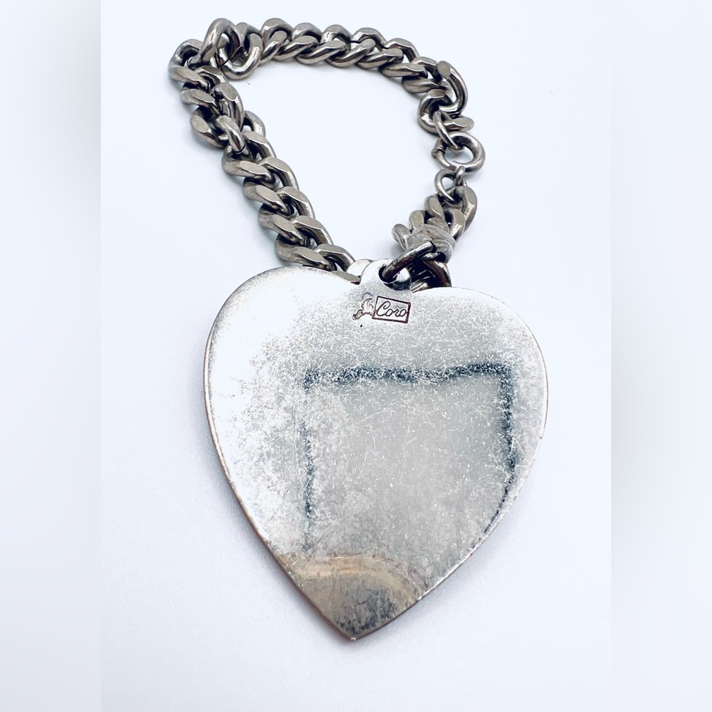 Vintage Coro Pegasus Silver Tone Large Heart  Monogram Etched Charm Bracelet
